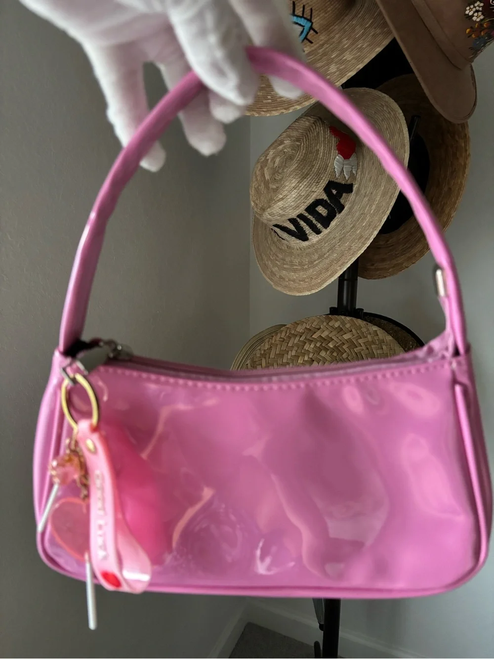 Y2K Pink Patent Shoulder Bag w/ Kawaii Charm Baguette Purse Cute Glossy